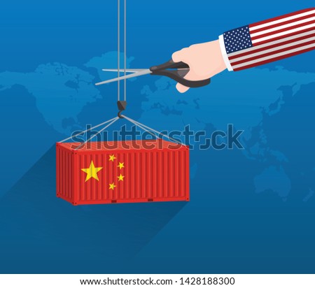 USA and China trade war concept, USA stop importing from China. Businessman hand with scissors cutting import cargo container.