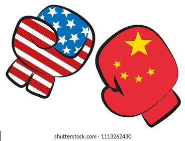 USA China trade war conflict illustrated by a boxing match with USA and China flags in boxing gloves fighting each other, vector illustration isolated on white