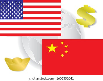 USA and China trade war, financial concept.US dollar banknotes and Chinese yuan banknote on flag of USA and China