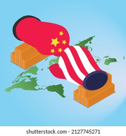USA and China trade war isometric 3d vector concept for banner, website, illustration, landing page, flyer, etc.