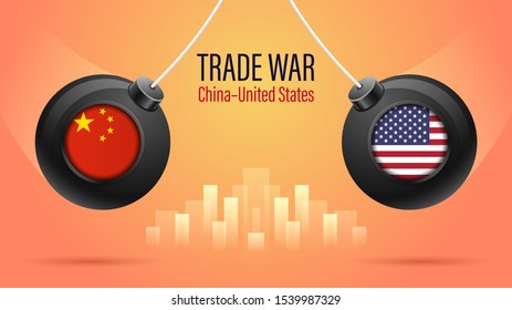 USA and China trade war. The pendulum of the USA and China flags going to collide with each other. Trade war concept. Vector illustration.