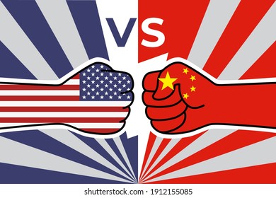 USA China Trade War. US Flag Fist Vs China Flag Fist. American Chinese Economic Confrontation. Vector Flat Icon For Web Banner, Posts