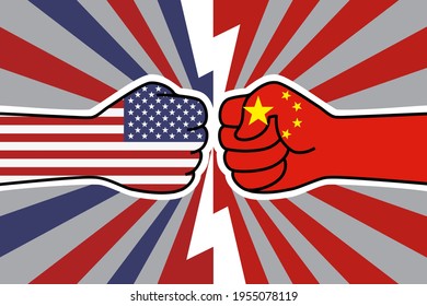 Guerra comercial de EE.UU. en China. Filo de la bandera de Estados Unidos contra puño de la bandera china. Enfrentamiento económico chino-americano. Icono de pantalla plana para banner web, publicaciones