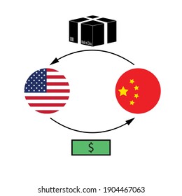 El concepto de comercio de Estados Unidos con China. Estados Unidos y China hacen banderas intercambiando bienes hechos en China por dinero. Ilustración del vector