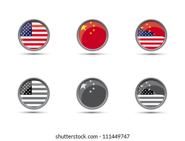 USA, China, US vs China flag set button; color, black and white