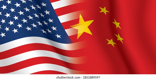 USA and China waving flags vector background. The United States of America and the people's Republic of China partnership, friendship, political, or business relationships realistic backdrop.