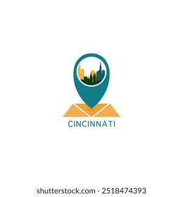 USA Cincinnati city map pin point geolocation modern skyline pointer vector logo icon isolated illustration. US Ohio state pointer emblem with landmarks and building silhouettes