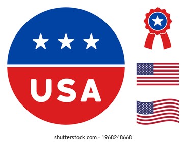 USA circle logo icon in blue and red colors with stars. USA circle logo illustration style uses American official colors of Democratic and Republican political parties, and star shapes.