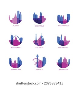 USA cities logo and icon set. Vector graphic collection for US Austin, Columbus, Jacksonville, Indianapolis, Las Vegas, Philadelphia, San Antonio, Seattle, Washington