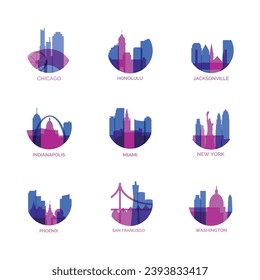 USA Städte Logo und Symbol Set. Vektorgrafik-Kollektion für US Chicago, Honolulu, Jacksonville, Indianapolis, Miami, New York, Phoenix, San Francisco, Washington