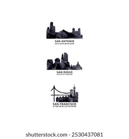 USA cities logo and icon set. Vector graphic collection of San Antonio, San Diego, San Francisco. Skyline, panoramic emblems for Texas, California states of America