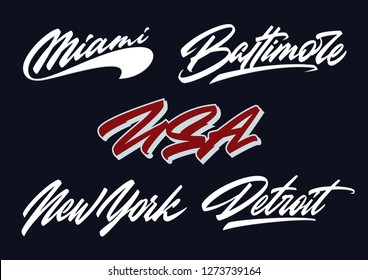 USA cities Miami, Baltimore, New York, Detroit vector lettering