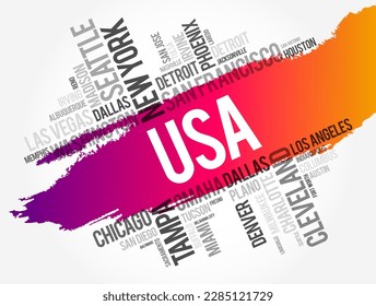 ciudades de Estados Unidos nombres de collage de palabras en la nube, fondo de concepto