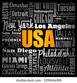 USA cities names words cloud collage, concept background