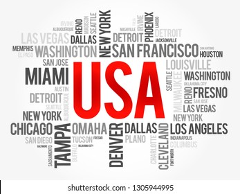 USA cities names words cloud collage, concept background