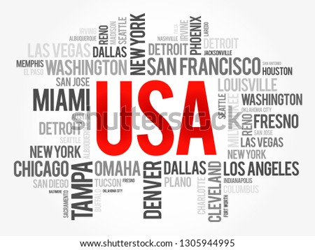 USA cities names words cloud collage, concept background