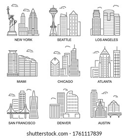 Usa Cities Sign Contour Linear Icon Set Include of Chicago, New York, Atlanta and Miami. Vector illustration of Icons