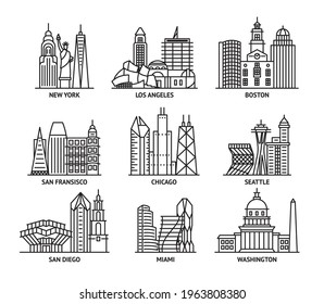 Usa Cities Sign Contour Linear Icon Set Include of Boston, Seattle, Washington, and Miami. Vector illustration of Icons