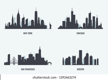 USA cities skylines set. New York, Chicago, San francisco, Boston. Detailed cities silhouette