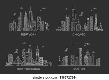 USA cities skylines set. New York, Chicago, San francisco, Boston. Detailed cities silhouette