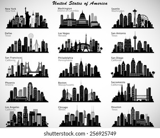USA cities skylines set. Vector silhouettes