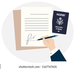 the USA citizenship biometric passport. Travel Immigration Work or Study in America. Business man hand sign fake signature document vector illustration, person hold contract signed  visa application