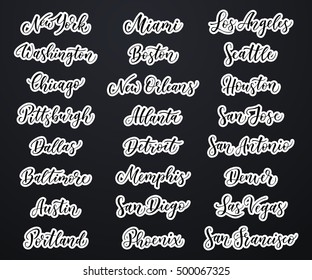 USA city lettering. New York, Miami, Boston, Dallas, Washington, Atlanta, Chicago, Detroit, Baltimore Los Angeles, Las Vegas, Seattle, San Francisco, Houston, San Diego, Jose, Antonio, Austin, Denver