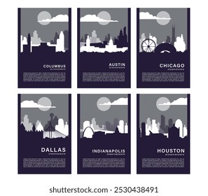 Paquete de afiches de la ciudad de Estados Unidos con los horizontes de Austin, Columbus, Chicago, Dallas, Indianápolis, Houston. Conjunto de diseño de Vector para folleto de Vertical, Sitio web, folleto para Texas, Indiana, Ohio, estados de Illinois