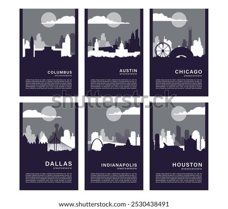 USA city poster pack with skylines of Austin, Columbus, Chicago, Dallas, Indianapolis, Houston. Vector layout set for vertical brochure, website, flyer for Texas, Indiana, Ohio, Illinois states