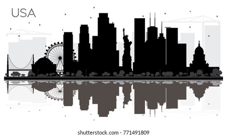 Die Skyline von USA City ist schwarz-weiß Silhouette mit Reflections. Einfaches flaches Konzept für touristische Präsentation, Banner, Plakate oder Website. Geschäftsreisekonzept Stadtlandschaft mit Sehenswürdigkeiten.