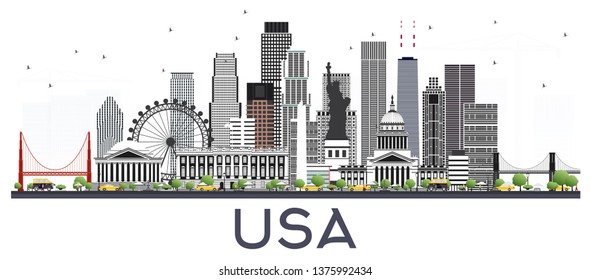 USA City Skyline with Gray Buildings Isolated on White. Vector Illustration. Business Travel and Tourism Concept with Modern Architecture. USA Cityscape with Landmarks. 