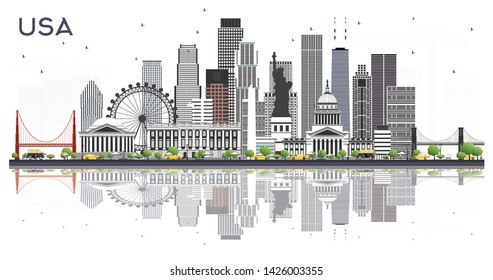 USA City Skyline with Gray Buildings and Reflections Isolated on White. Vector Illustration. Business Travel and Tourism Concept with Modern Architecture. USA Cityscape with Landmarks.