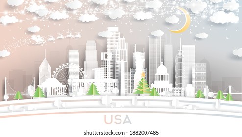 USA City Skyline in Paper Cut Style with Snowflakes, Moon and Neon Garland. Vector Illustration. Christmas and New Year Concept. Santa Claus on Sleigh.