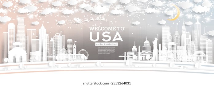 USA City Skyline in Paper Cut Style with Snowflakes, Moon and Neon Garland. Vector Illustration. Christmas and New Year Concept. Santa Claus on Sleigh. 