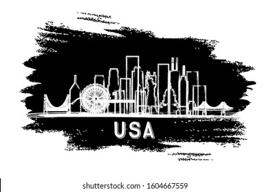 USA City Skyline Silhouette. Hand Drawn Sketch. Vector Illustration. Business Travel and Tourism Concept with Historic Architecture. USA Cityscape with Landmarks.