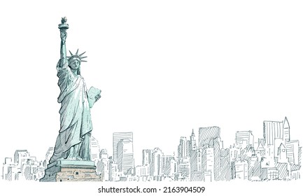 USA Cityscape with Liberty Statue in color concept, isolated on white background