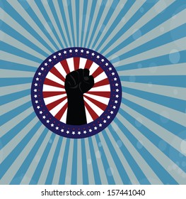 USA. clenched fist held high in circle ray star Label,vector retro background