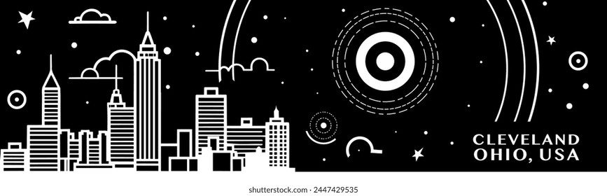 ANUNCIO vintage de la ciudad de Cleveland de Estados Unidos con paisaje urbano y horizonte en blanco y negro abstractos. Ilustración Horizontal de Vector retro para el estado de Ohio, Estados Unidos de América