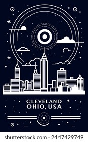 USA Cleveland city vintage poster with abstract cityscape and skyline. Retro vector black and white illustration for Ohio state town, United States of America