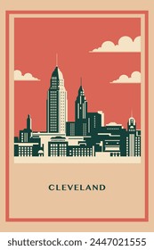 Afiche de infografía de la ciudad retro de USA Cleveland con Formas abstractas del horizonte, edificios. Concepto de diseño de página web de viaje del estado de Ohio de Antiguas, Ilustración vectorial