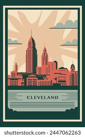 Afiche de infografía de la ciudad retro de USA Cleveland con Formas abstractas del horizonte, edificios. Concepto de diseño de página web de viaje del estado de Ohio de Antiguas, Ilustración vectorial