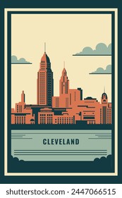 Afiche de infografía de la ciudad retro de USA Cleveland con Formas abstractas del horizonte, edificios. Concepto de diseño de página web de viaje del estado de Ohio de Antiguas, Ilustración vectorial