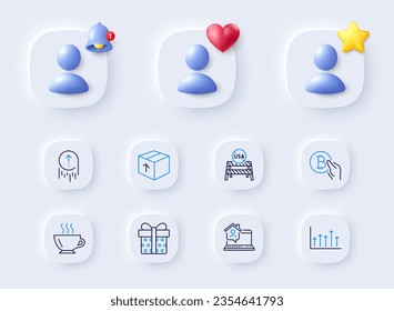 Usa cierra los bordes, Coffee y Bitcoin iconos de línea de pago. Marcador de posición con campana 3d, estrella, corazón. Paquete de paquete, caja de regalo, icono del hogar de trabajo. Gráfica de crecimiento, pictograma de deslizar. Para aplicación web, imprimir. Vector