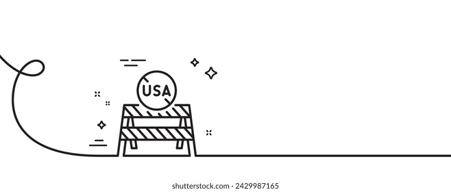USA close borders line icon. Continuous one line with curl. Coronavirus Covid-19 pandemic sign. Travel restrictions symbol. USA close borders single outline ribbon. Loop curve pattern. Vector