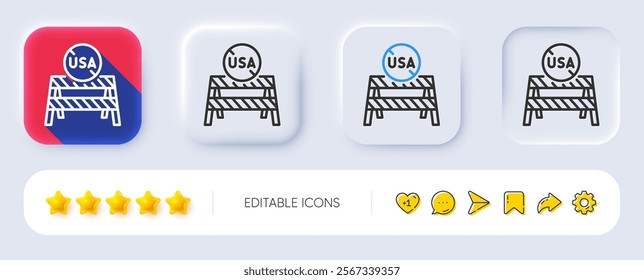 USA close borders line icon. Neumorphic, Flat shadow, 3d buttons. Coronavirus Covid-19 pandemic sign. Travel restrictions symbol. Line uSA close borders icon. Social media icons. Vector