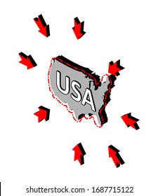 USA closes borders, quarantine, protection against coronavirus. Ban on crossing borders. Vector isometric image of USA map with arrows around. A threat to the country from the outside.