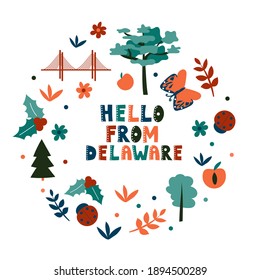 USA collection. Hello from Delaware theme. State Symbols round shape card
