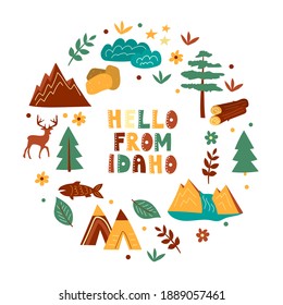 USA collection. Hello from Idaho theme. State Symbols round shape card