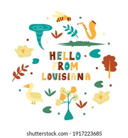 USA collection. Hello from Louisiana theme. State Symbols round shape card