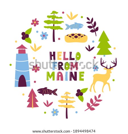USA collection. Hello from Maine theme. State Symbols round shape card